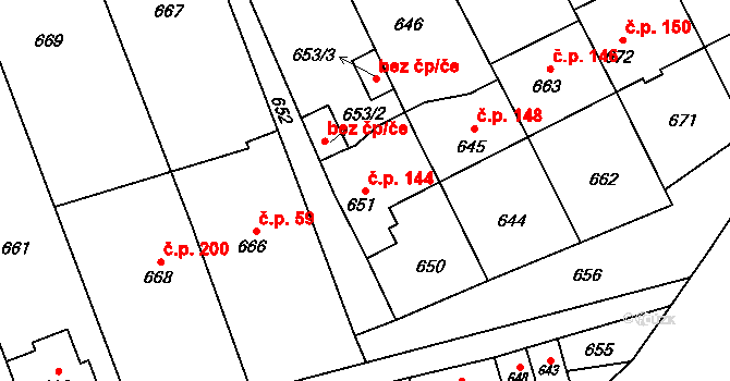 Přerov VII-Čekyně 144, Přerov na parcele st. 651 v KÚ Čekyně, Katastrální mapa