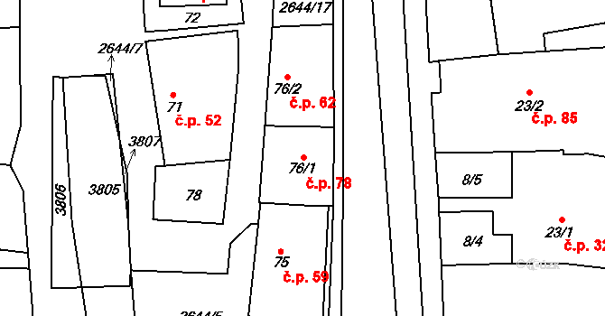 Lipník nad Bečvou VI-Loučka 78, Lipník nad Bečvou na parcele st. 76/1 v KÚ Loučka, Katastrální mapa