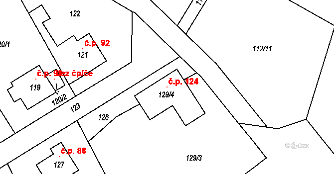 Vinařice 124, Týnec nad Labem na parcele st. 129/4 v KÚ Vinařice u Týnce nad Labem, Katastrální mapa