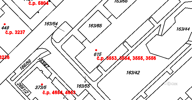 Jihlava 3553,3554,3555,3556 na parcele st. 615 v KÚ Bedřichov u Jihlavy, Katastrální mapa