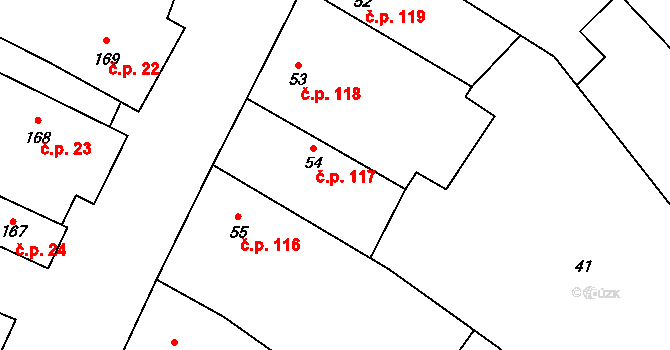 Rožďalovice 117 na parcele st. 54 v KÚ Rožďalovice, Katastrální mapa