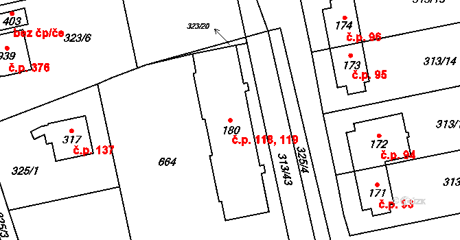 Řež 118,119, Husinec na parcele st. 180 v KÚ Husinec u Řeže, Katastrální mapa