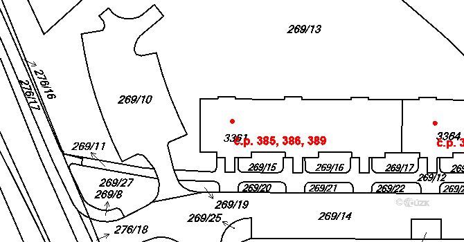 Šumperk 385,386,389 na parcele st. 3361 v KÚ Šumperk, Katastrální mapa