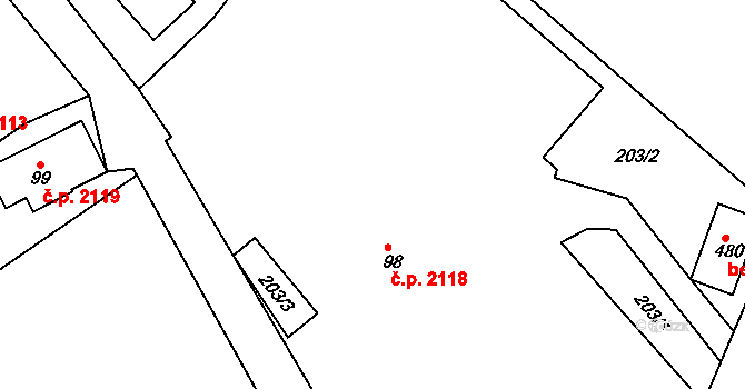 Šumperk 2118 na parcele st. 98 v KÚ Dolní Temenice, Katastrální mapa