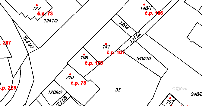 Cerhenice 107 na parcele st. 141 v KÚ Cerhenice, Katastrální mapa