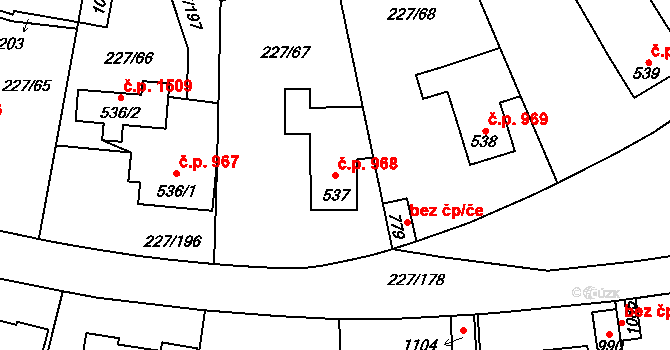 Švermov 968, Kladno na parcele st. 537 v KÚ Hnidousy, Katastrální mapa
