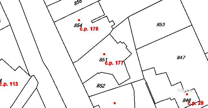 Troubelice 177 na parcele st. 851 v KÚ Troubelice, Katastrální mapa