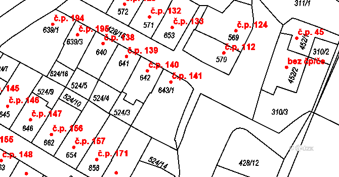 Stařečka 141, Třebíč na parcele st. 643/1 v KÚ Třebíč, Katastrální mapa