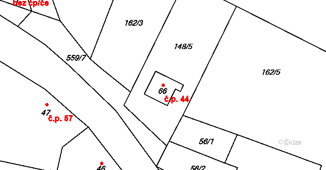 Hořany 44, Zbrašín na parcele st. 66 v KÚ Hořany u Zbrašína, Katastrální mapa