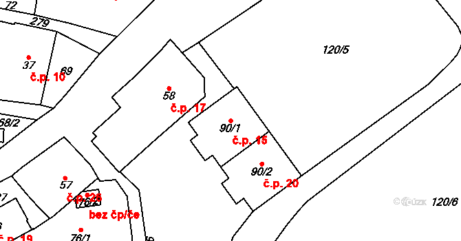 Ohníč 15 na parcele st. 90/1 v KÚ Ohníč, Katastrální mapa