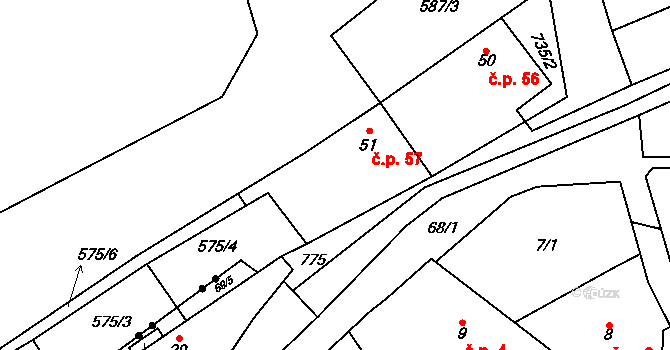 Lhotka 57 na parcele st. 51 v KÚ Lhotka u Mělníka, Katastrální mapa