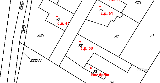 Pitkovice 50, Praha 10 na parcele st. 72 v KÚ Pitkovice, Katastrální mapa