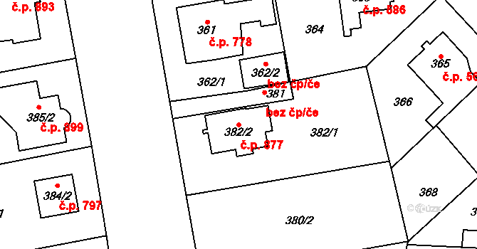 Kbely 877, Praha na parcele st. 382/2 v KÚ Kbely, Katastrální mapa