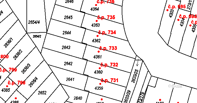 Střední Předměstí 733, Trutnov na parcele st. 4361 v KÚ Trutnov, Katastrální mapa
