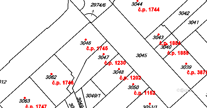 Chomutov 1230 na parcele st. 3047 v KÚ Chomutov I, Katastrální mapa