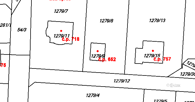 Tlučná 652 na parcele st. 1279/9 v KÚ Tlučná, Katastrální mapa