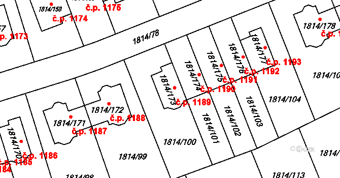 Uhříněves 1189, Praha na parcele st. 1814/173 v KÚ Uhříněves, Katastrální mapa