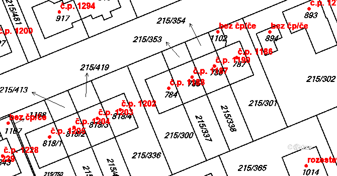 Rudná 1188 na parcele st. 784 v KÚ Hořelice, Katastrální mapa