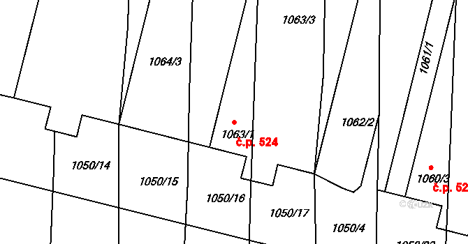 Křimice 524, Plzeň na parcele st. 1063/3 v KÚ Křimice, Katastrální mapa