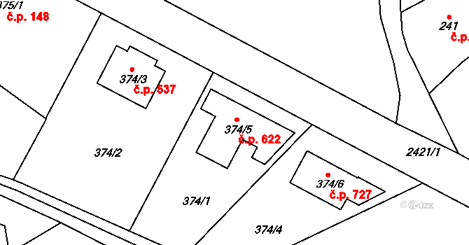 Lipence 622, Praha na parcele st. 374/5 v KÚ Lipence, Katastrální mapa