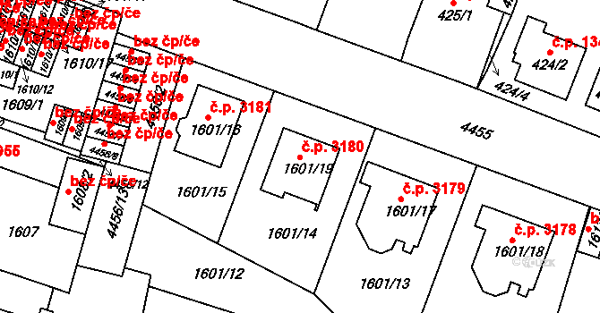 Teplice 3180 na parcele st. 1601/19 v KÚ Teplice, Katastrální mapa