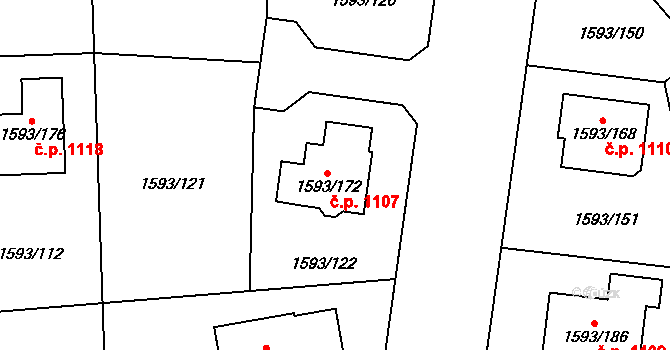 Kosmonosy 1107 na parcele st. 1593/172 v KÚ Kosmonosy, Katastrální mapa