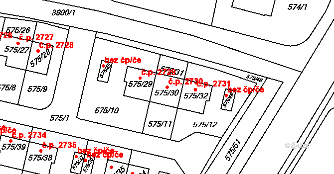 Horní Počernice 2730, Praha na parcele st. 575/30 v KÚ Horní Počernice, Katastrální mapa