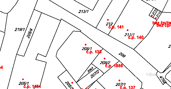 Bruntál 138 na parcele st. 208/1 v KÚ Bruntál-město, Katastrální mapa