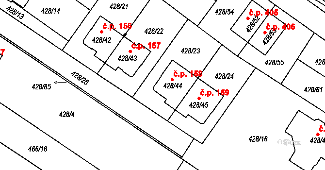 Rebešovice 158 na parcele st. 428/44 v KÚ Rebešovice, Katastrální mapa