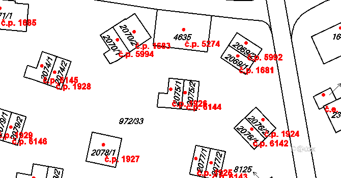 Zlín 1926 na parcele st. 2075/1 v KÚ Zlín, Katastrální mapa