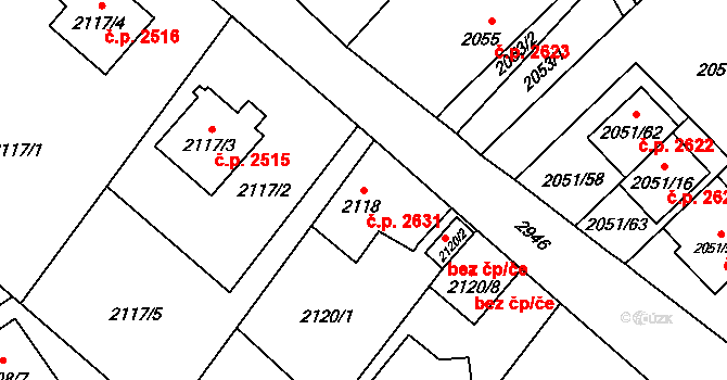 Předměstí 2631, Opava na parcele st. 2118 v KÚ Opava-Předměstí, Katastrální mapa