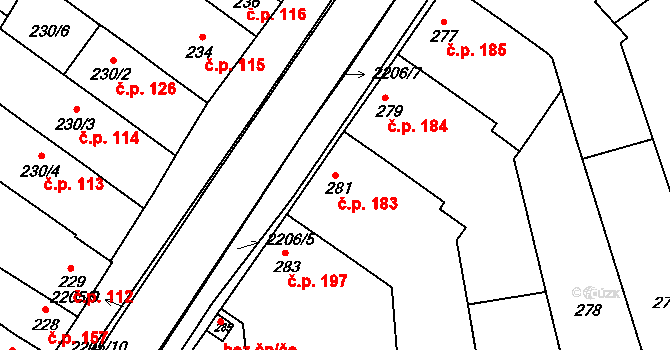 Chylice 183, Ostrožská Nová Ves na parcele st. 281 v KÚ Chylice, Katastrální mapa