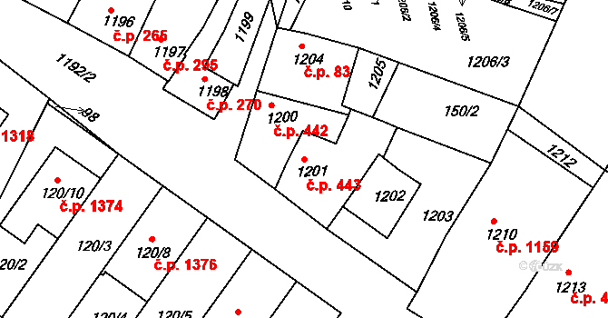 Hluk 443 na parcele st. 1201 v KÚ Hluk, Katastrální mapa