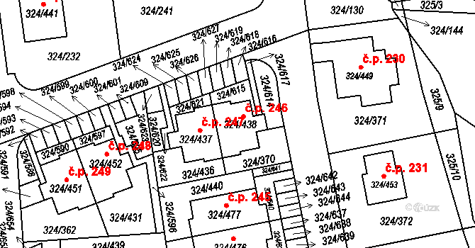 Levín 246, Králův Dvůr na parcele st. 324/438 v KÚ Levín u Berouna, Katastrální mapa