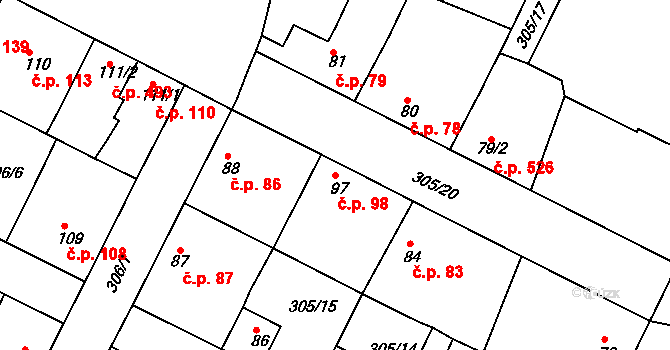 Neratovice 98 na parcele st. 97 v KÚ Neratovice, Katastrální mapa