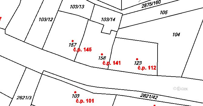 Ledce 141 na parcele st. 158 v KÚ Ledce u Plzně, Katastrální mapa