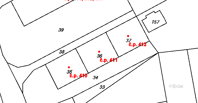 Velké Opatovice 410,411,412 na parcele st. 36 v KÚ Velké Opatovice, Katastrální mapa