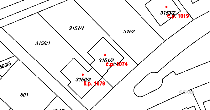 Lužice 1074 na parcele st. 3151/2 v KÚ Lužice u Hodonína, Katastrální mapa