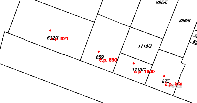 Bystřice pod Hostýnem 590 na parcele st. 659 v KÚ Bystřice pod Hostýnem, Katastrální mapa