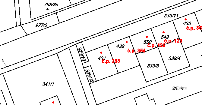 Olšany u Prostějova 353 na parcele st. 431 v KÚ Olšany u Prostějova, Katastrální mapa