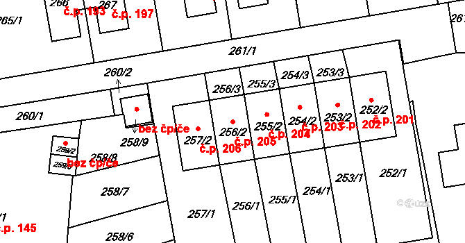 Větrný Jeníkov 205 na parcele st. 256/2 v KÚ Větrný Jeníkov, Katastrální mapa