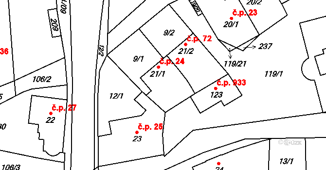 Hovorčovice 72 na parcele st. 21/2 v KÚ Hovorčovice, Katastrální mapa