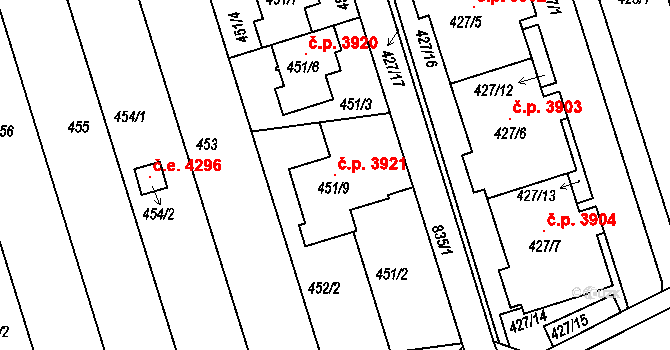 Znojmo 3921 na parcele st. 451/9 v KÚ Znojmo-Louka, Katastrální mapa