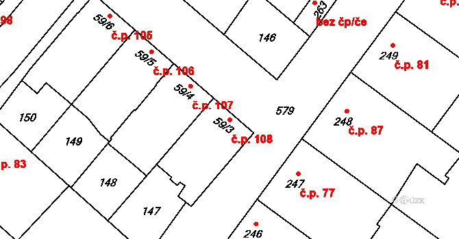 Skrbeň 108 na parcele st. 59/3 v KÚ Skrbeň, Katastrální mapa