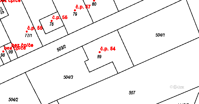 Želechovice 54 na parcele st. 89 v KÚ Želechovice u Uničova, Katastrální mapa
