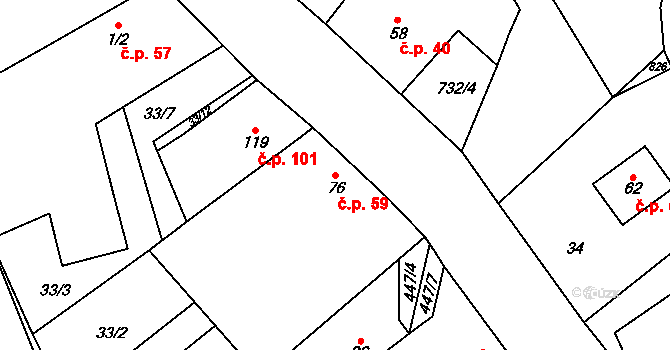Cholenice 59 na parcele st. 76 v KÚ Cholenice, Katastrální mapa