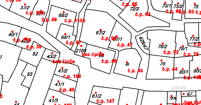 Podklášteří 46, Třebíč na parcele st. 66 v KÚ Podklášteří, Katastrální mapa