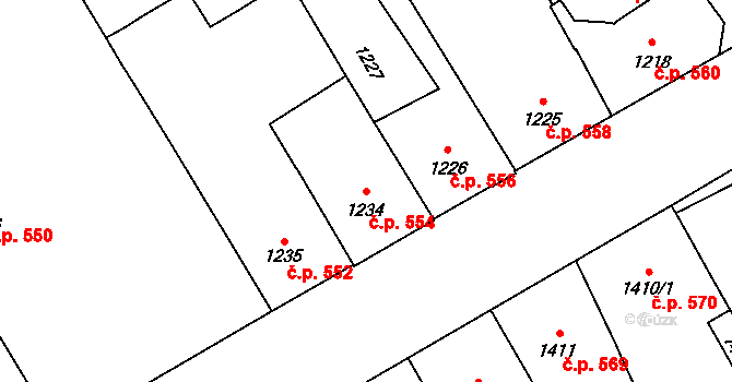 Veveří 554, Brno na parcele st. 1234 v KÚ Veveří, Katastrální mapa