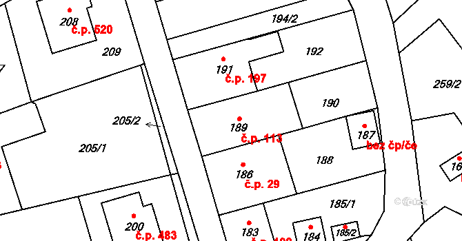 Jablůnka 113 na parcele st. 189 v KÚ Jablůnka, Katastrální mapa