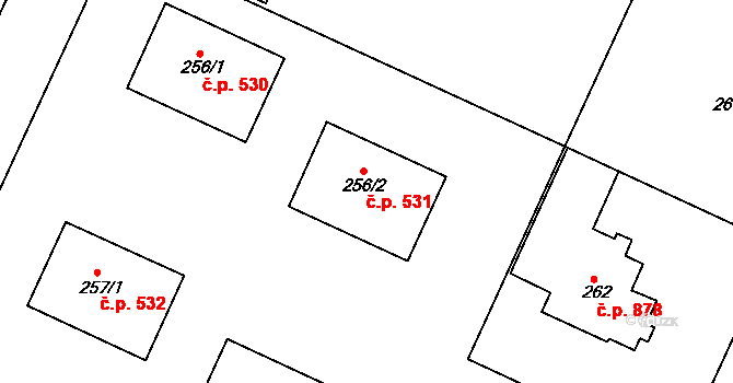 Klánovice 531, Praha na parcele st. 256/2 v KÚ Klánovice, Katastrální mapa